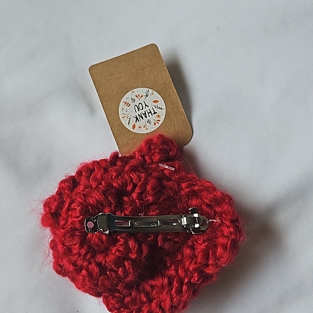 Hand Crafted Red Crochet Chunky yarn Red & white Puffy Flower barrette Hair Clip - Picture 15 of 17
